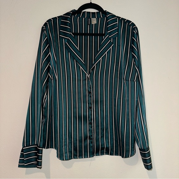 H&M Green White and Black Striped Satin Button Down Blouse - Picture 2 of 3